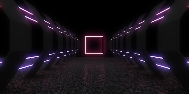 Fondo abstracto 3D con luces de neón túnel de neón construcción espacial ilustración 3d