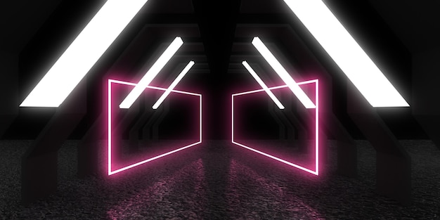 Fondo abstracto 3D con luces de neón túnel de neón construcción espacial ilustración 3d