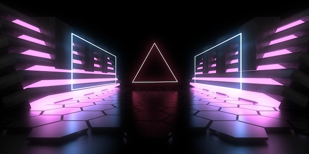 Fondo abstracto 3D con luces de neón túnel de neón construcción espacial ilustración 3d