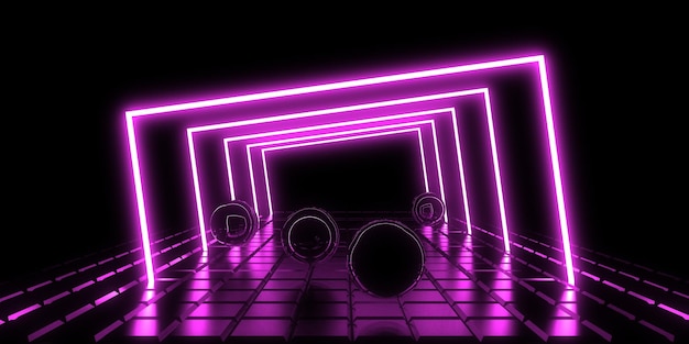 Fondo abstracto 3D con luces de neón túnel de neón construcción espacial ilustración 3d