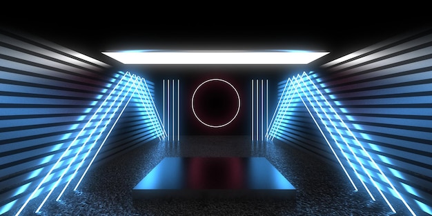 Fondo abstracto 3D con luces de neón túnel de neón construcción espacial ilustración 3d