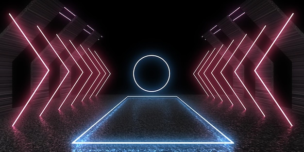 Fondo abstracto 3D con luces de neón túnel de neón construcción espacial ilustración 3d