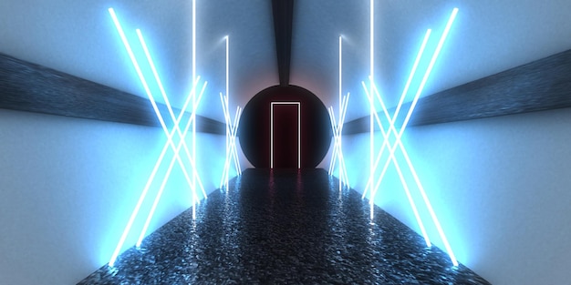 Fondo abstracto 3D con luces de neón túnel de neón construcción espacial ilustración 3d