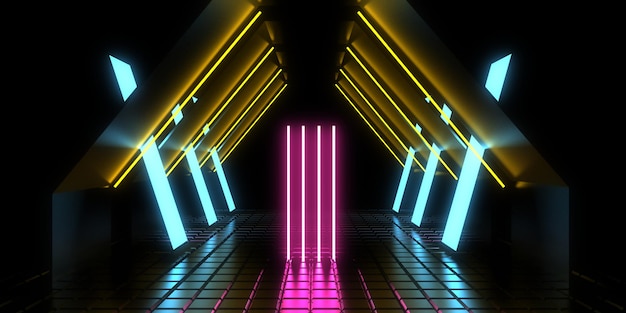 Fondo abstracto 3D con luces de neón túnel de neón construcción espacial ilustración 3d