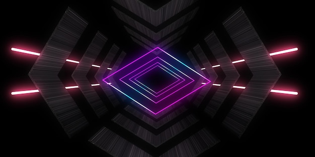 Fondo abstracto 3D con luces de neón túnel de neón construcción espacial ilustración 3d