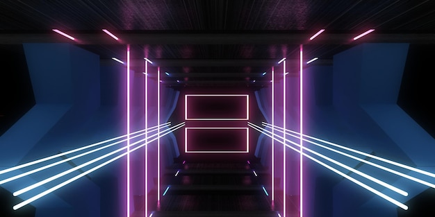 Fondo abstracto 3D con luces de neón túnel de neón construcción espacial ilustración 3d