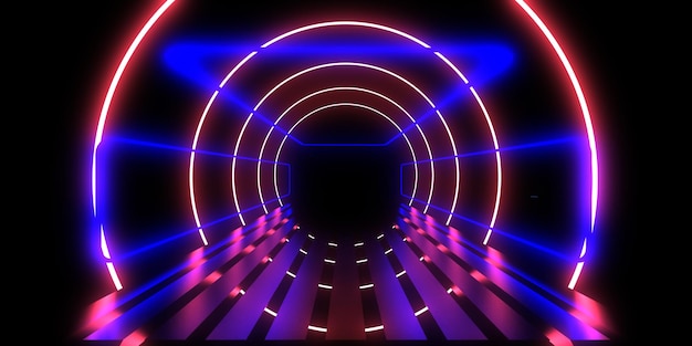 Fondo abstracto 3D con luces de neón túnel de neón construcción espacial ilustración 3d