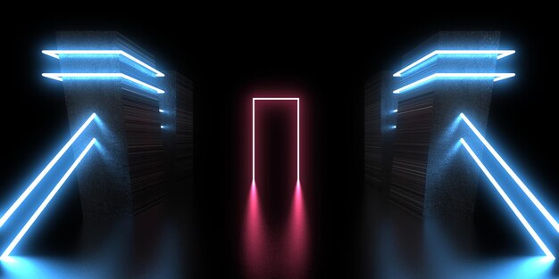 Fondo abstracto 3D con luces de neón túnel de neón construcción espacial ilustración 3d