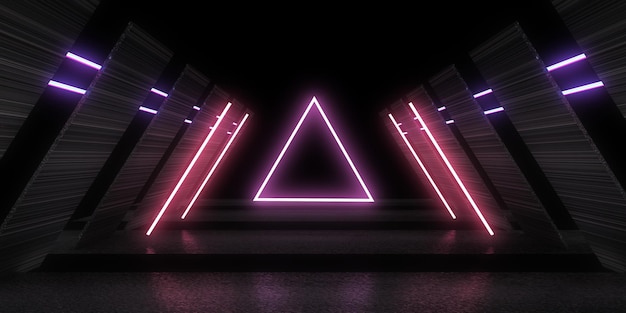 Fondo abstracto 3D con luces de neón túnel de neón construcción espacial ilustración 3d