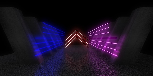 Fondo abstracto 3D con luces de neón túnel de neón construcción espacial ilustración 3d