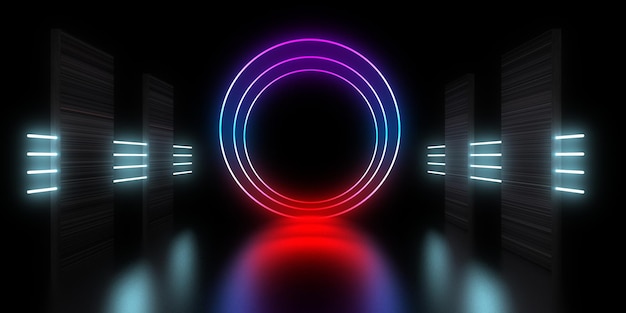 Fondo abstracto 3D con luces de neón túnel de neón construcción espacial ilustración 3d