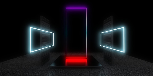 Fondo abstracto 3D con luces de neón túnel de neón construcción espacial ilustración 3d