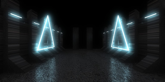 Fondo abstracto 3D con luces de neón. túnel de neón construcción espacial. Ilustración 3d