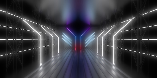 Fondo abstracto 3D con luces de neón. túnel de neón. construcción de espacios. Ilustración 3d