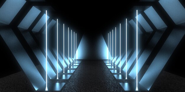 Fondo abstracto 3D con luces de neón. túnel de neón. .espacio de construcción. .3d ilustración