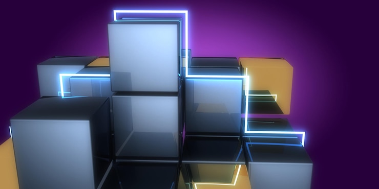 Foto fondo abstracto 3d con luces de neón túnel de neón espacio cubos construcción ilustración 3d