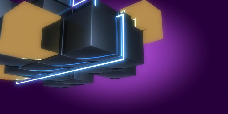 Foto fondo abstracto 3d con luces de neón túnel de neón espacio cubos construcción ilustración 3d