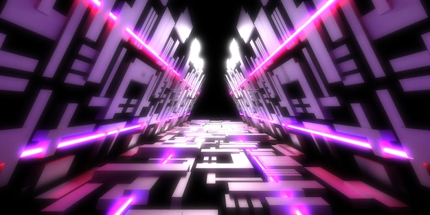 Fondo abstracto 3D con luces de neón. túnel de neón. Ilustración 3d