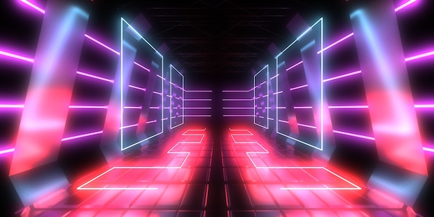 Fondo abstracto 3D con luces de neón. túnel de neón. Ilustración 3d