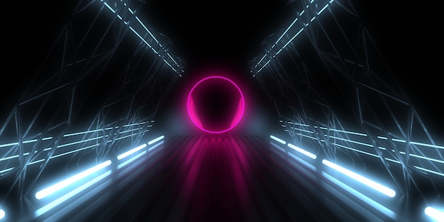 Fondo abstracto 3D con luces de neón. túnel de neón. Ilustración 3d