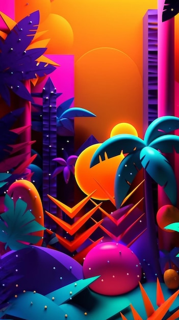 Fondo abstracto 3D de tema de onda sintética tropical de neón