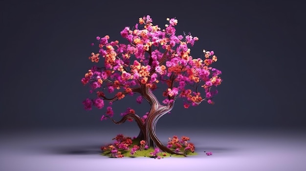 Fondo abstracto con árbol romántico con flores rosas Sakura japonesa floreciente con flores de cerezo Fondo de pantalla moderno botánico de fantasía Ilustración horizontal para diseño de banner IA generativa