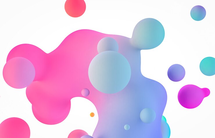 Foto fondo abstracto del arte 3d. gotas líquidas flotantes holográficas, pompas de jabón