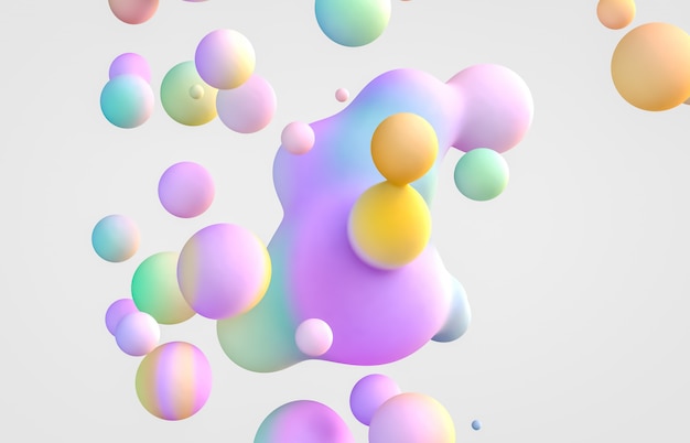 Fondo abstracto del arte 3d. Gotas líquidas flotantes holográficas, pompas de jabón