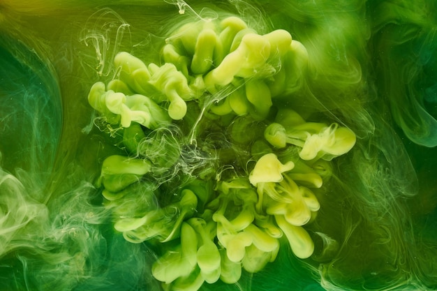 Fondo abstracto de arte fluido líquido Pinturas acrílicas de baile verde bajo el agua océano de humo cósmico