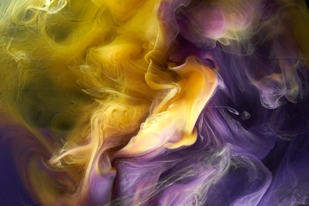 Fondo abstracto de arte fluido líquido Púrpura amarillo baile pinturas acrílicas espacio submarino humo océano explosión de color