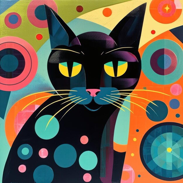 Fondo abstracto de arte moderno de mediados de siglo kitsch de colores vibrantes lindo gato negro estilizado