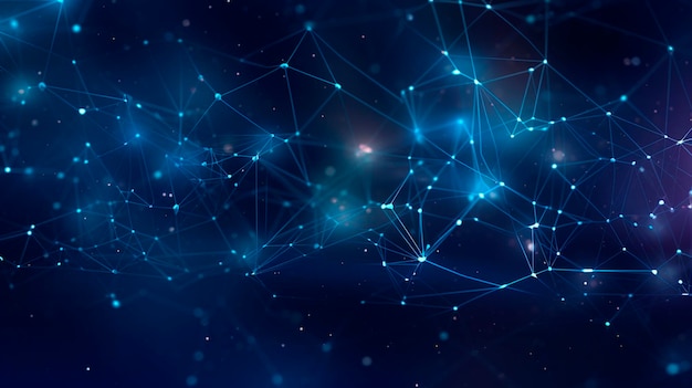 Fondo abstracto azul con una cuadrícula de red y partículas conectadas IA generativa