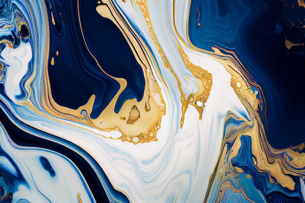 Fondo abstracto azul y dorado jaspeado Patrón de tinta de mármol líquido IA generativa