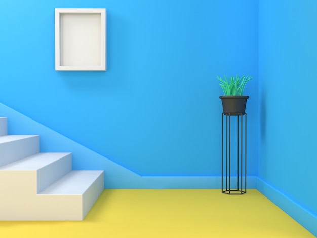 fondo abstracto azul pared escalera-blanco en blanco marco blanco representación 3D