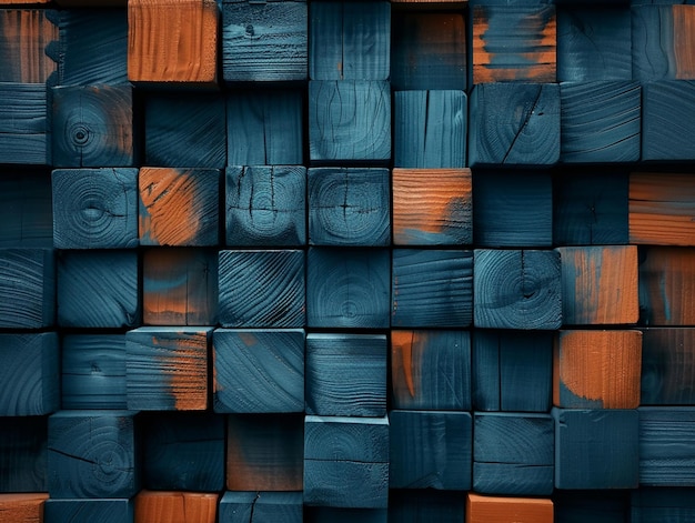 Fondo abstracto con bloques de textura de madera naranja azul oscuro y azulado generados por ai