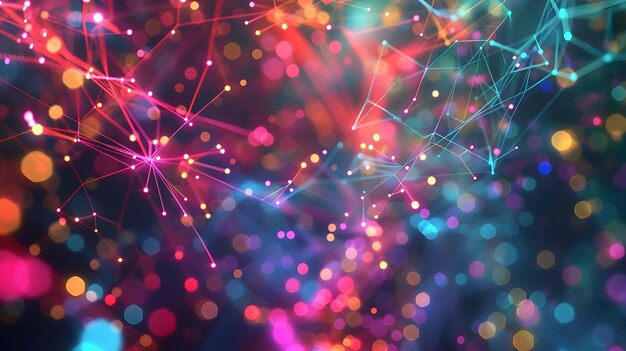 Fondo abstracto con bokeh colorido y conexiones de red