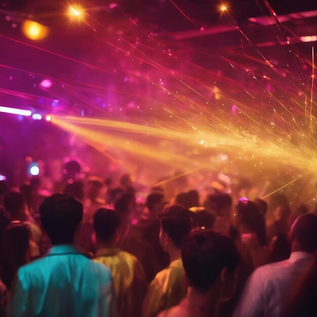 Fondo abstracto con bokeh desfocado de un espectáculo de láser en un club nocturno moderno de discoteca