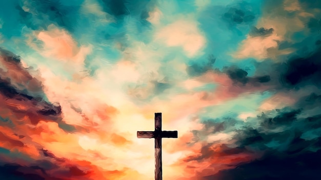 Foto fondo abstracto borroso de pintura en acuarela que representa una cruz conceptual u otro símbolo religioso sobre un cielo al atardecer con nubes como dios generativo ai