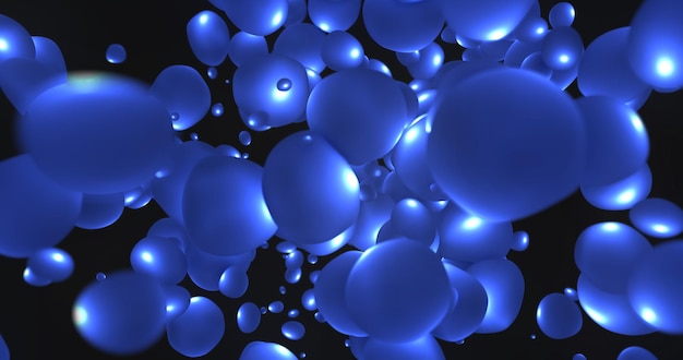 Fondo abstracto con burbujas de líquido volador azul brillante círculos y bolas mágicas de energía brillante