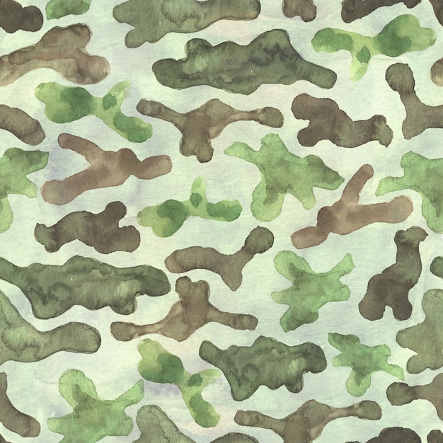 Fondo abstracto de camuflaje de caza militar de moda. Patrón de bosque sin fisuras. Color marrón, verde claro y verde oscuro. Ilustración de acuarela pintada a mano.