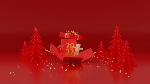 Fondo abstracto celebrando el año nuevo 2022 con árbol de Navidad, osito de peluche y cajas de regalo. Representación 3D