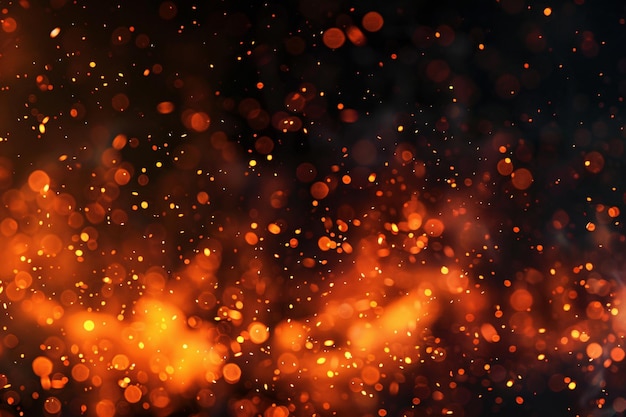 Fondo abstracto de chispas calientes ardientes que se elevan de un gran fuego en el cielo nocturno oscuro