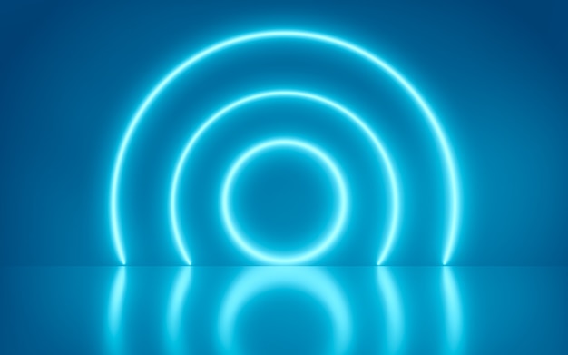 Fondo abstracto del círculo de neón, colores vibrantes del espectro azul, líneas brillantes, túnel, luces de neón, realidad virtual, portal redondo, arco, espectáculo de láser. Representación 3d,
