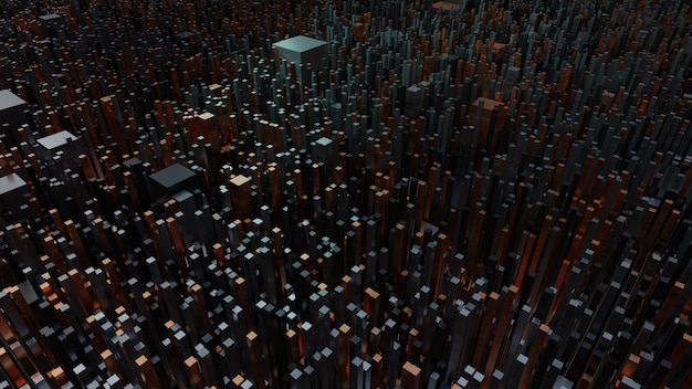 Fondo abstracto ciudad 3d del futuro de edificios altos, rascacielos dorado, negro, gris