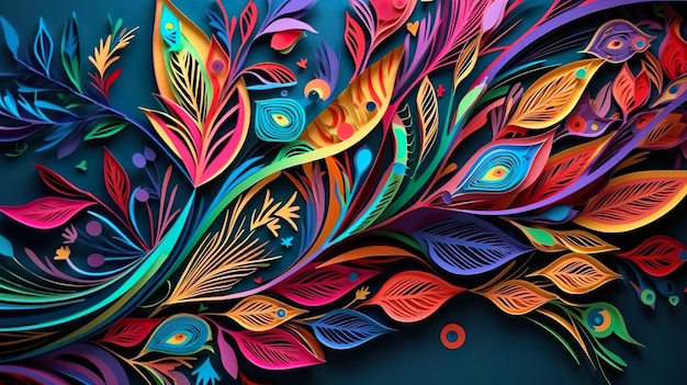 Fondo abstracto con coloridas hojas de quilling ramitas y plantas de follaje giratorio Papel de adorno botánico cortado en fondo de colores del arco iris Ilustración horizontal para el diseño de pancartas Generativa AI