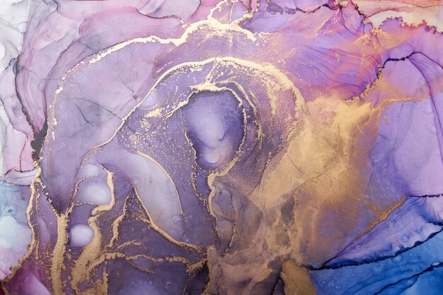 Fondo abstracto colorido de lujo en técnica de tinta de alcohol, textura de mármol de pintura líquida dorada, manchas acrílicas dispersas y manchas arremolinadas, materiales impresos