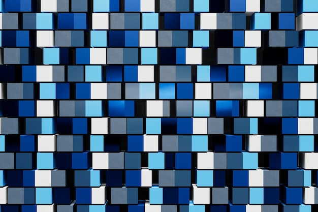 fondo abstracto. cuadrados blancos, grises, negros y azules dispuestos en un patrón de tablero de ajedrez.