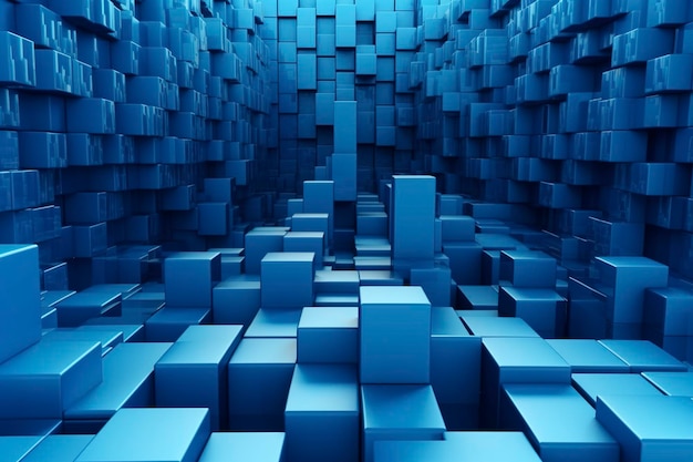 Foto fondo abstracto con cubos azules de diferentes tamaños generados por ai sólido