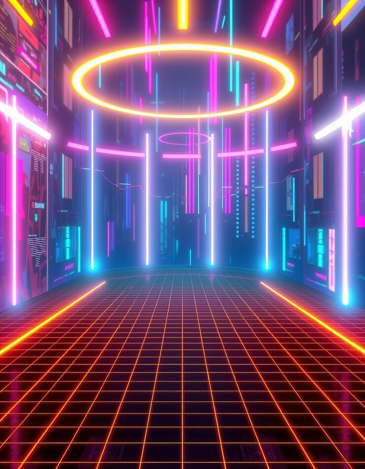 Fondo abstracto cyberpunk con luces de neón y un patrón de cuadrícula