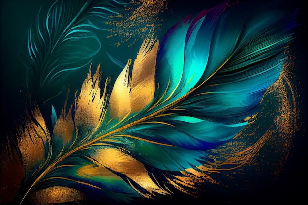 Fondo abstracto con degradados de patrón de plumas y pintura digital de textura en colores azul, verde y dorado IA generativa